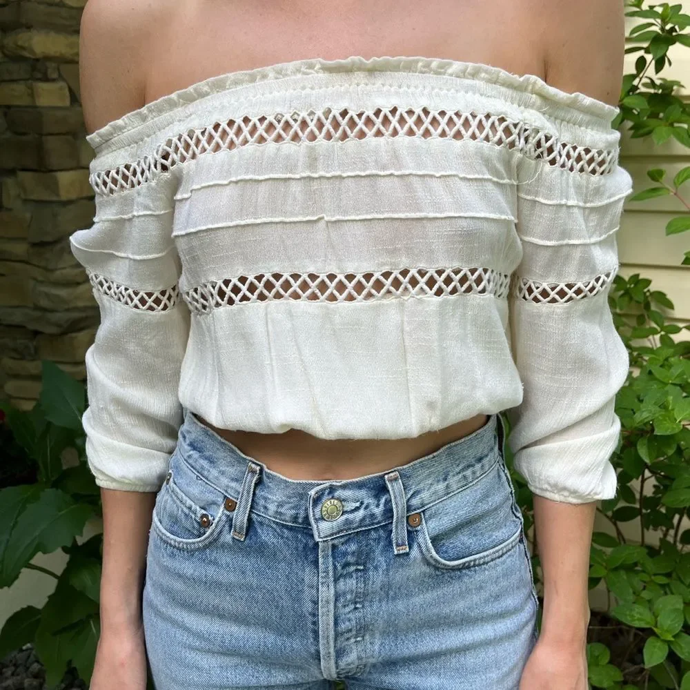 Urban Outfitters cream crouched, cropped off shoulder top, good condition, S